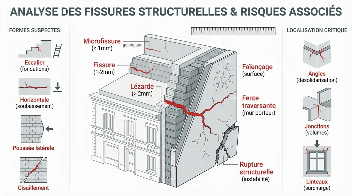 Analyse visuelle des fissures structurelles et risques pour la façade