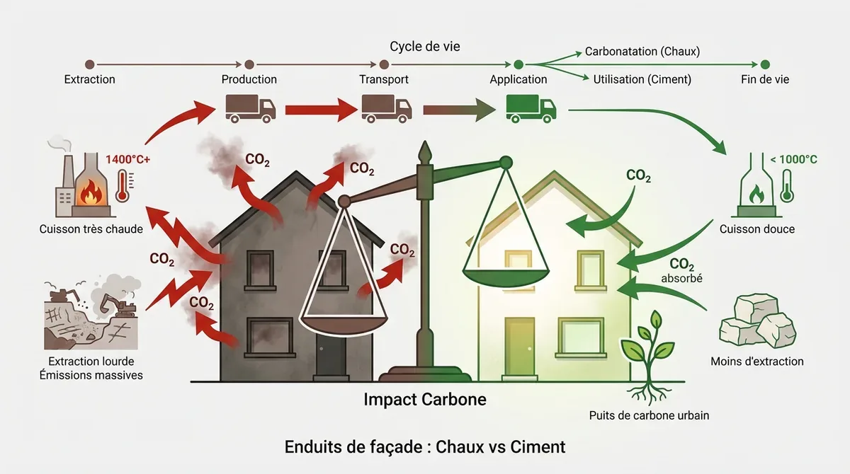 Impact carbone enduit façade chaux vs ciment
