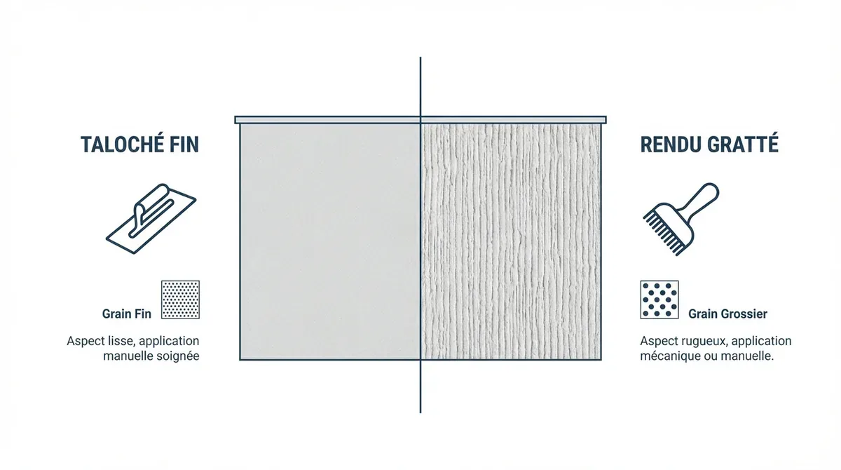 Comparaison visuelle entre un enduit de façade finition talochée fine et une finition grattée contemporaine