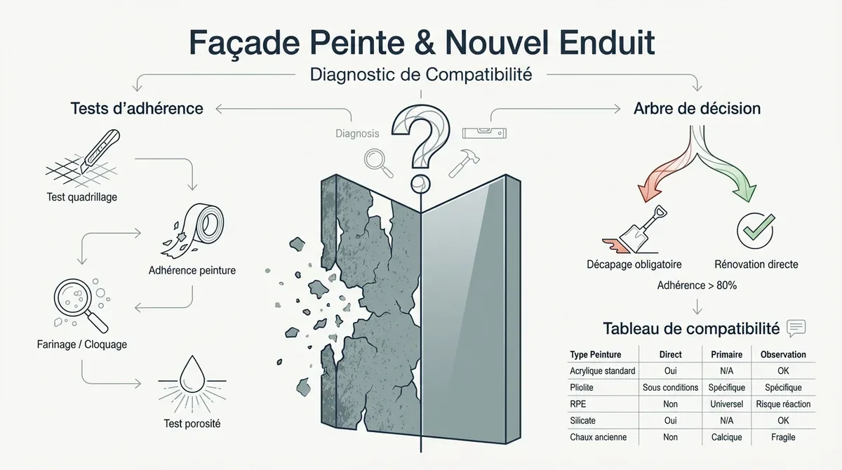 Test d'adhérence au cutter sur une façade peinte avant application d'un nouvel enduit