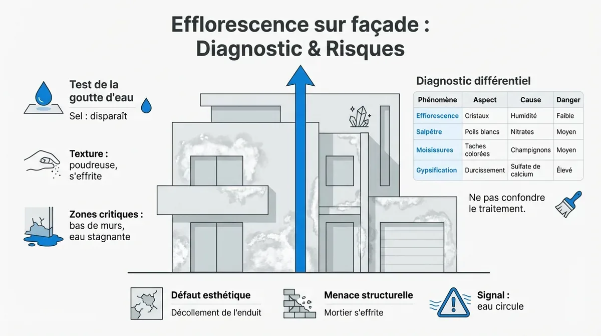 Diagnostic des traces d'efflorescence blanche sur une façade en briques