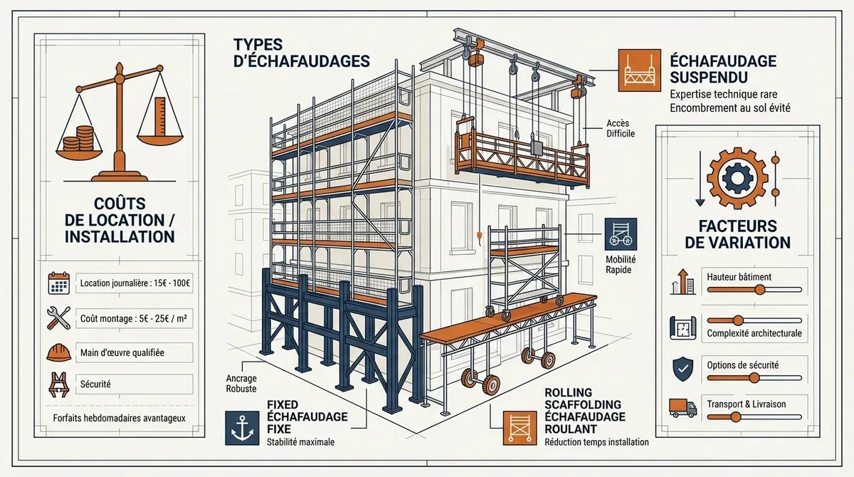 Comparatif visuel des types d'échafaudages fixes roulants et suspendus avec indications de prix