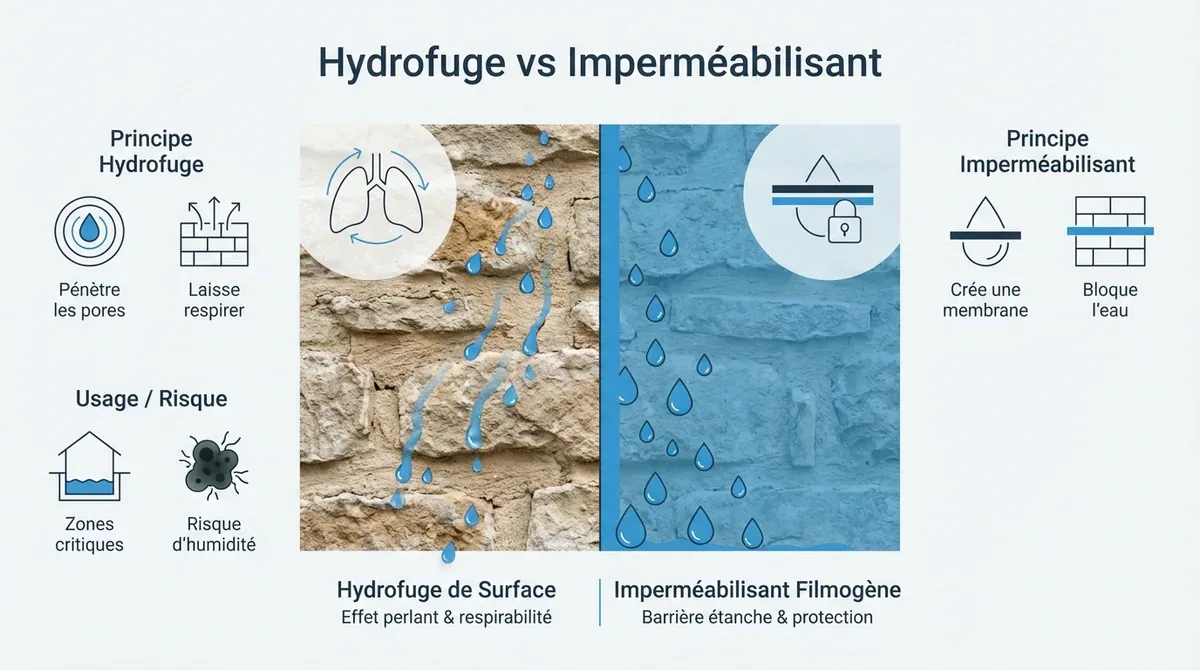 Schéma technique comparatif entre un traitement hydrofuge respirant et une imperméabilisation filmogène étanche