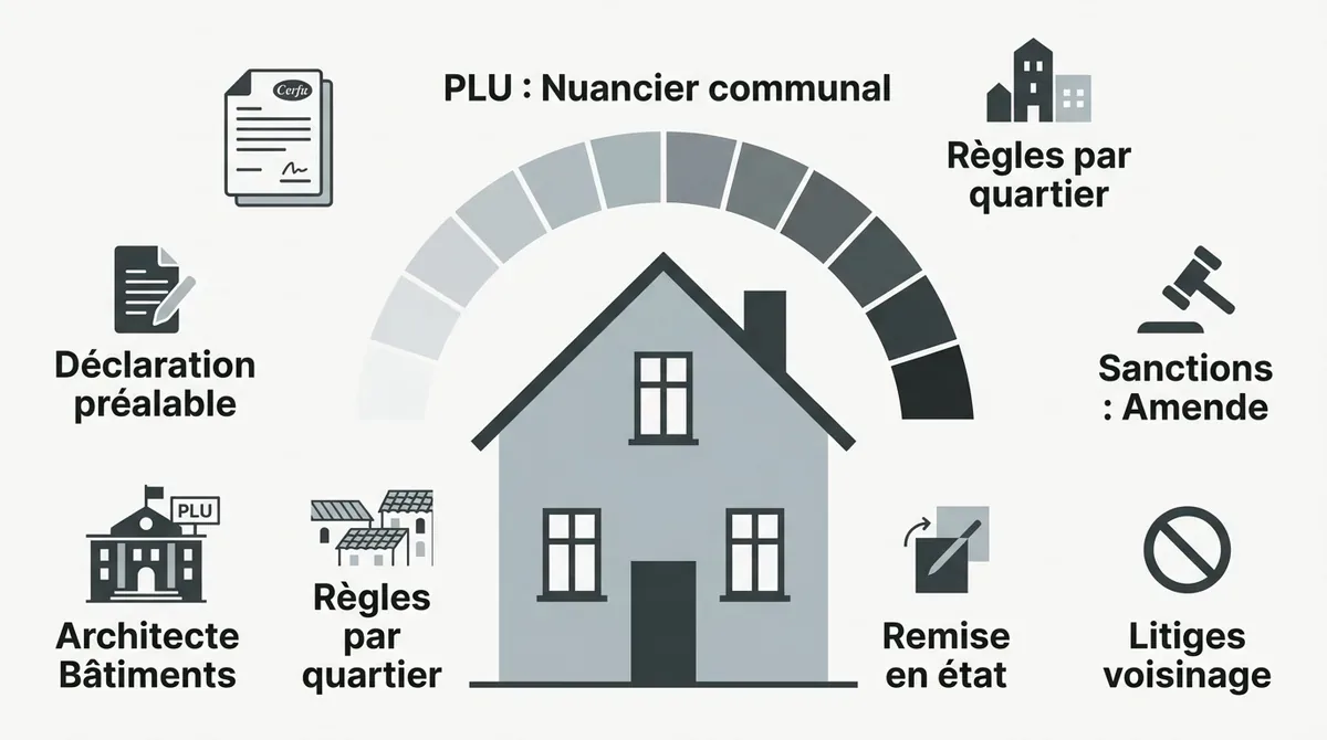 Infographie récapitulative des règles du PLU pour les couleurs de façade et démarches administratives