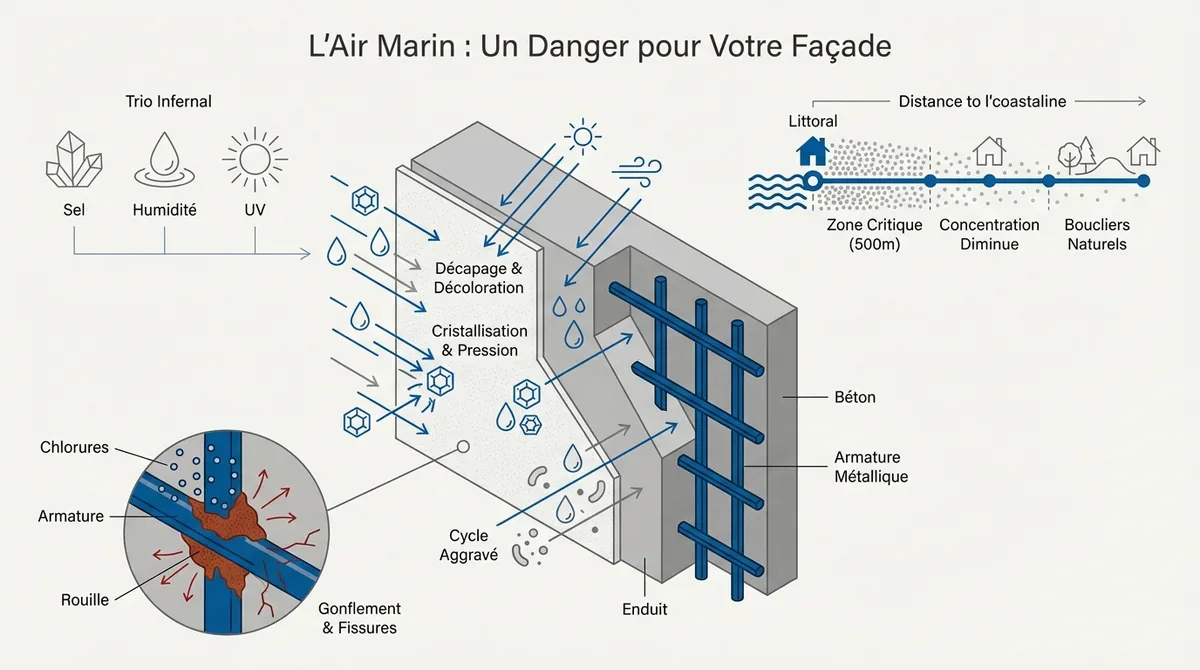 Dégâts de l'air marin et du sel sur une façade en zone côtière