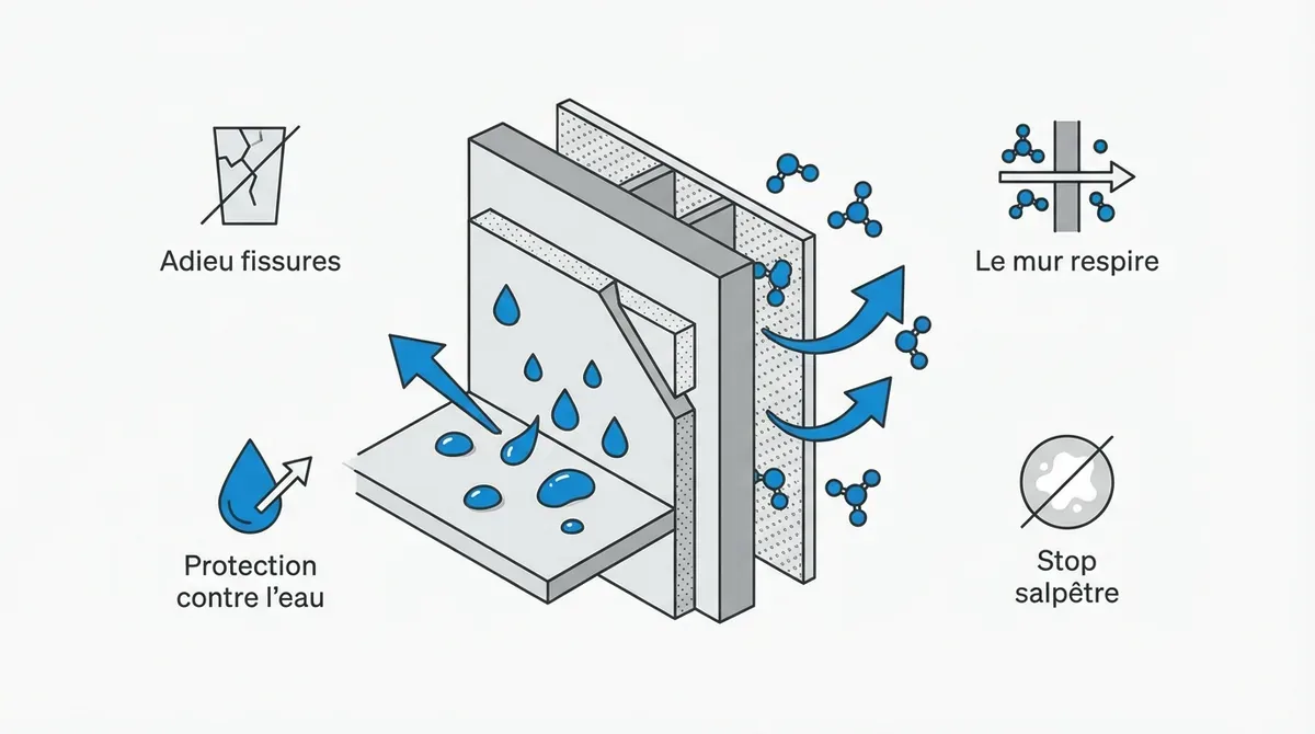 Infographie technique montrant la protection hydrofuge et la respiration d'un mur de façade