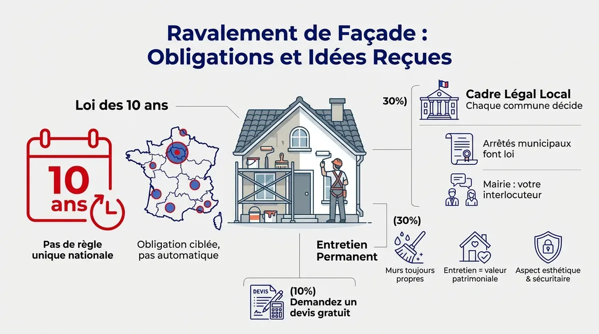 Ouvrier réalisant un ravalement de façade sur un échafaudage pour respecter la loi