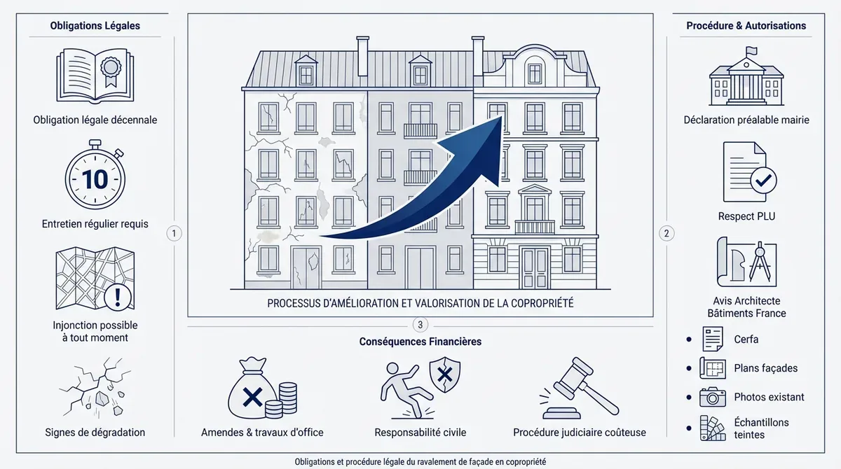 Travaux de ravalement de façade sur un immeuble en copropriété avec échafaudages