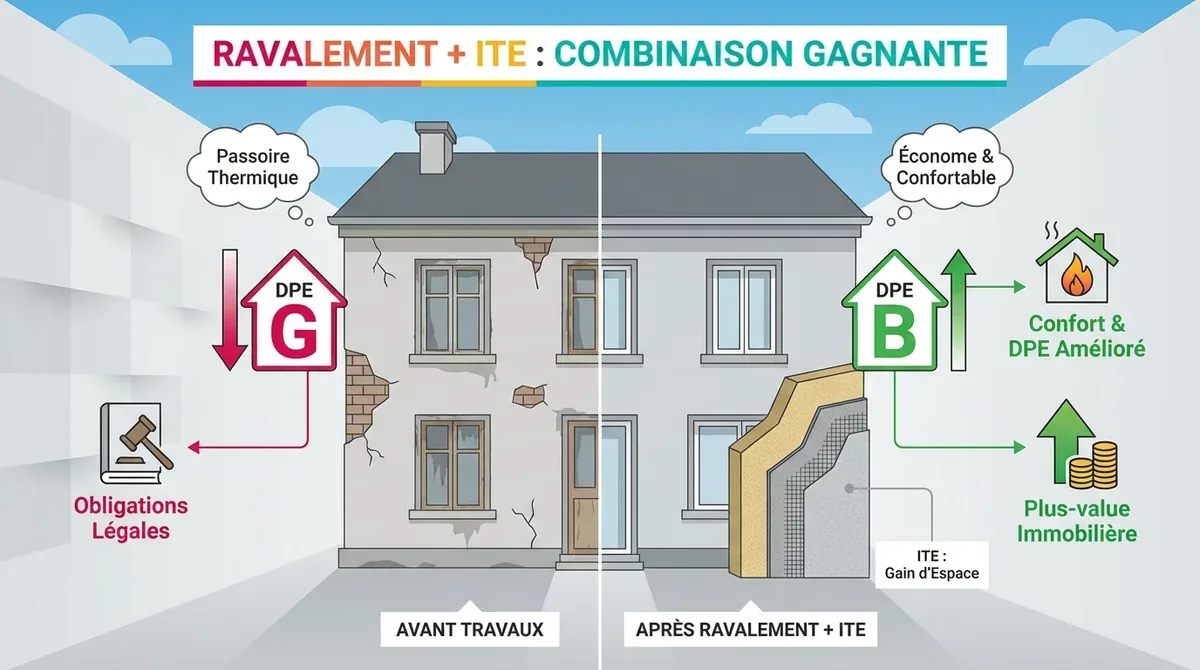 Ravalement de façade et isolation thermique par l'extérieur d'une maison individuelle