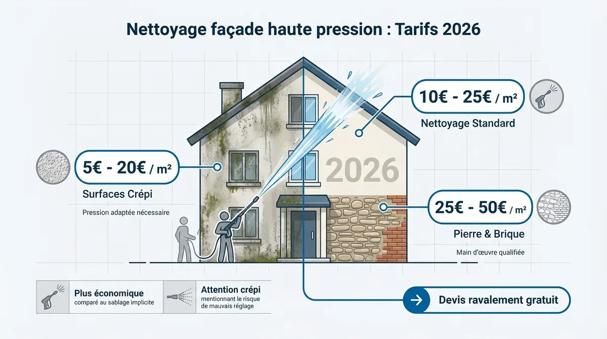 Tableau des tarifs 2026 pour le nettoyage de façade haute pression selon les matériaux